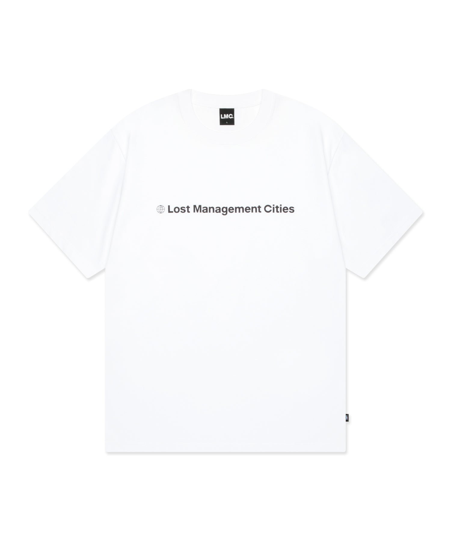 White t-shirt with 'Lost Management Cities' text on a white background