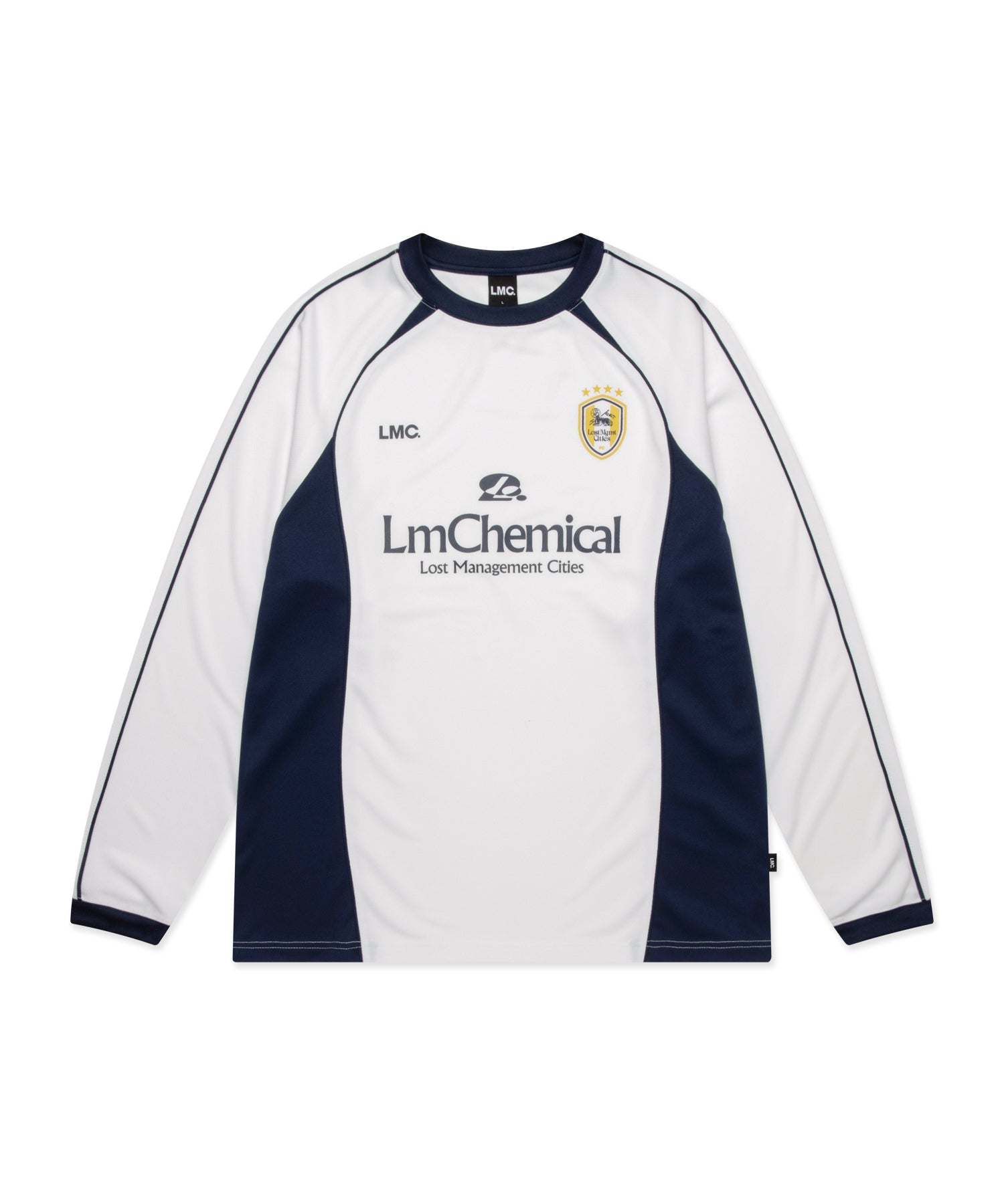 White and navy long-sleeve shirt with 'LmChemical' branding on a white background