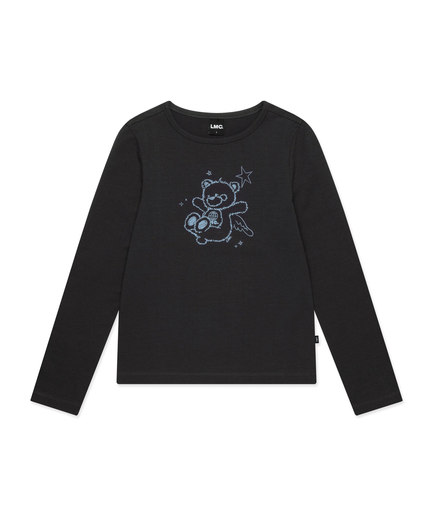 Black long-sleeve shirt with a graphic design on a white background