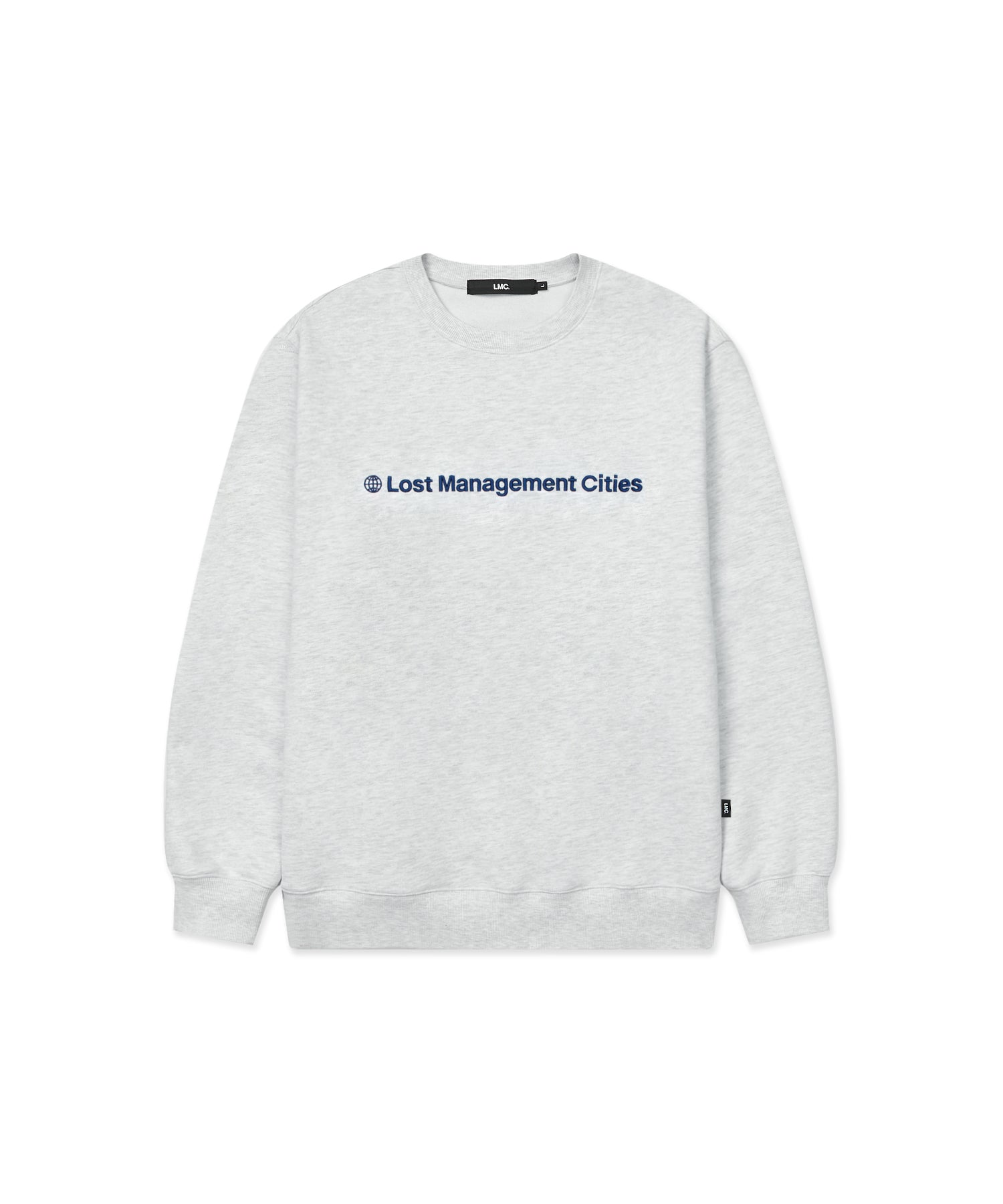 Gray sweatshirt with 'Lost Management Cities' text on a white background