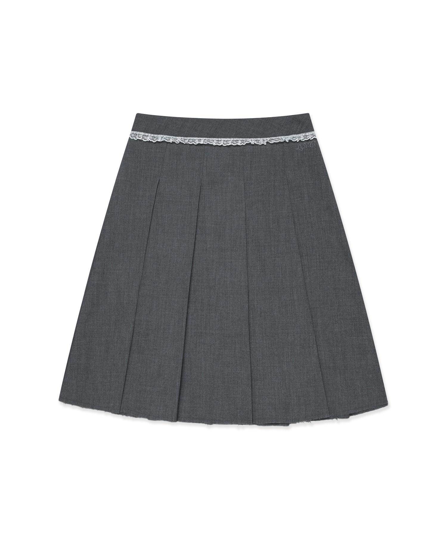 Gray pleated skirt with lace trim on a white background