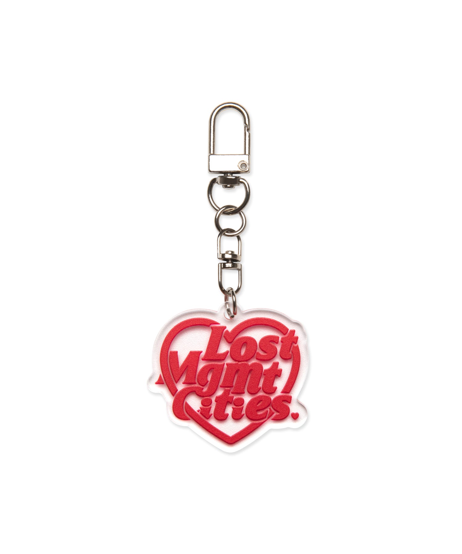 Keychain with 'Lost MGMT Cities' logo on a white background