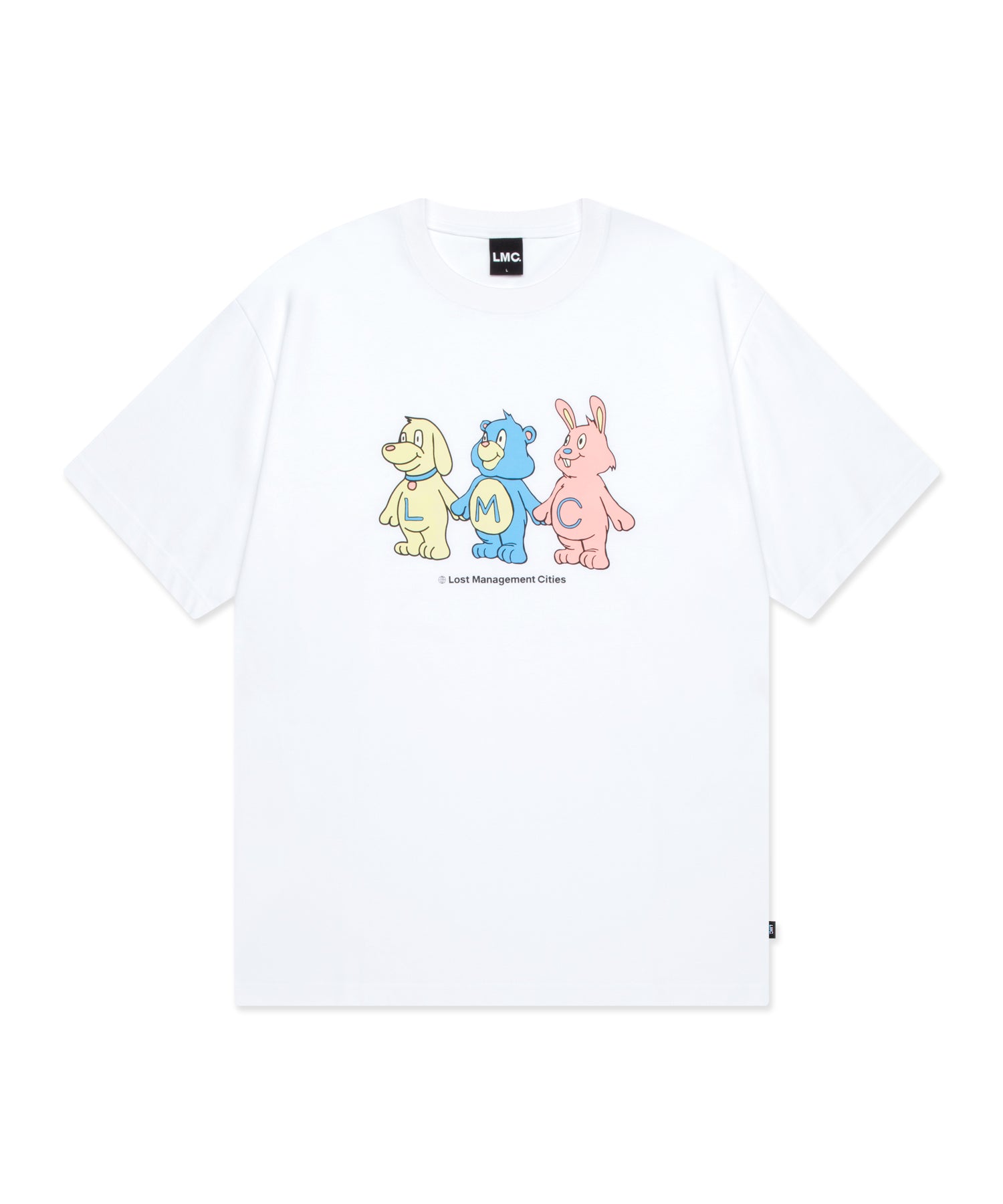 White t-shirt with colorful cartoon characters on a white background