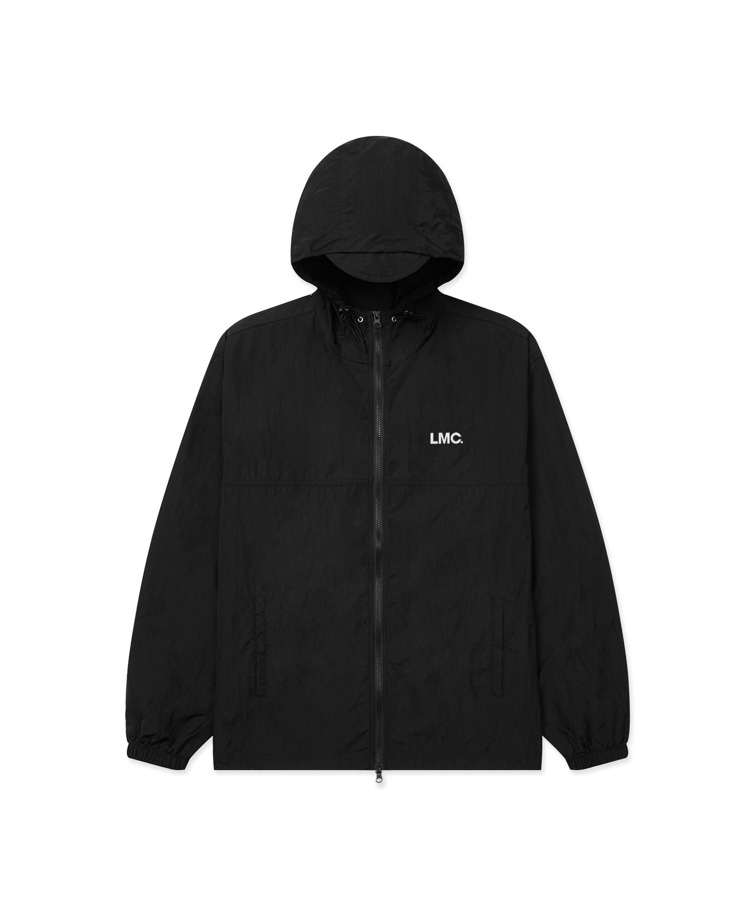 Black jacket with a hood and 'LMC' logo on a white background