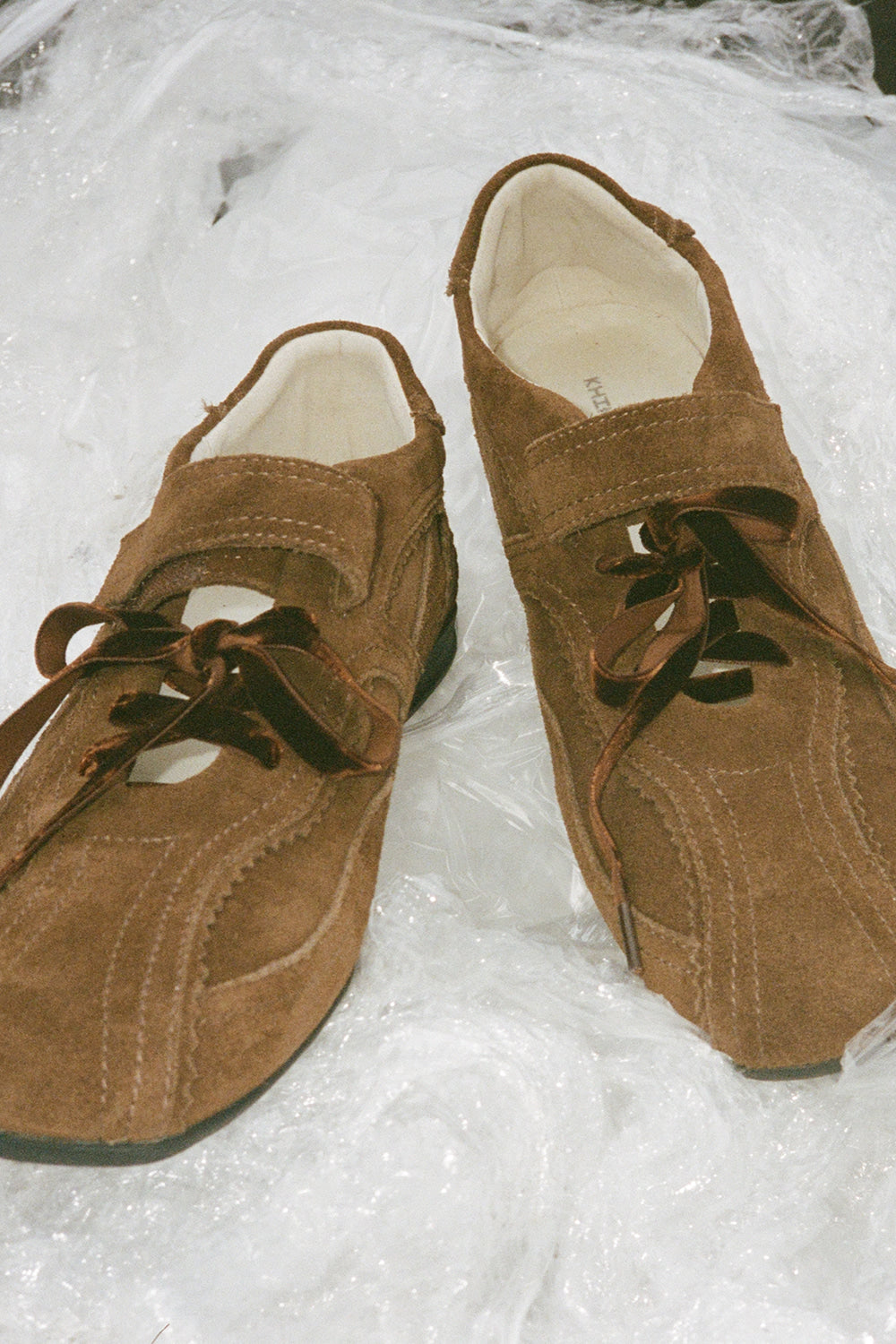 Brown suede mary jane style sneakers made by Korean brand KHIHO, for sale at Shim House