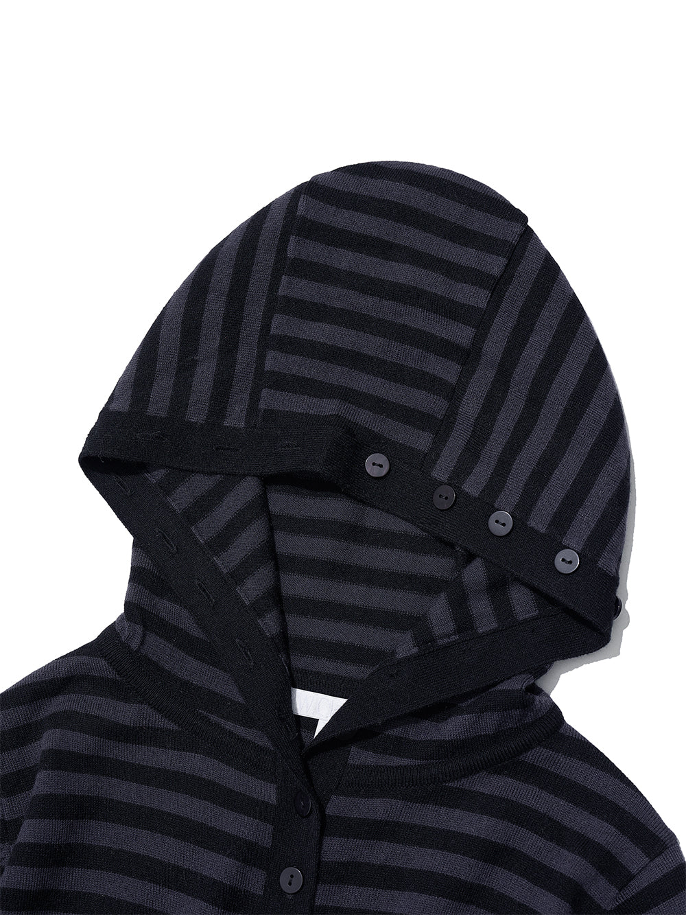 Close up of hood on black striped cardigan from Korean brand PARTIMENTO WOMEN