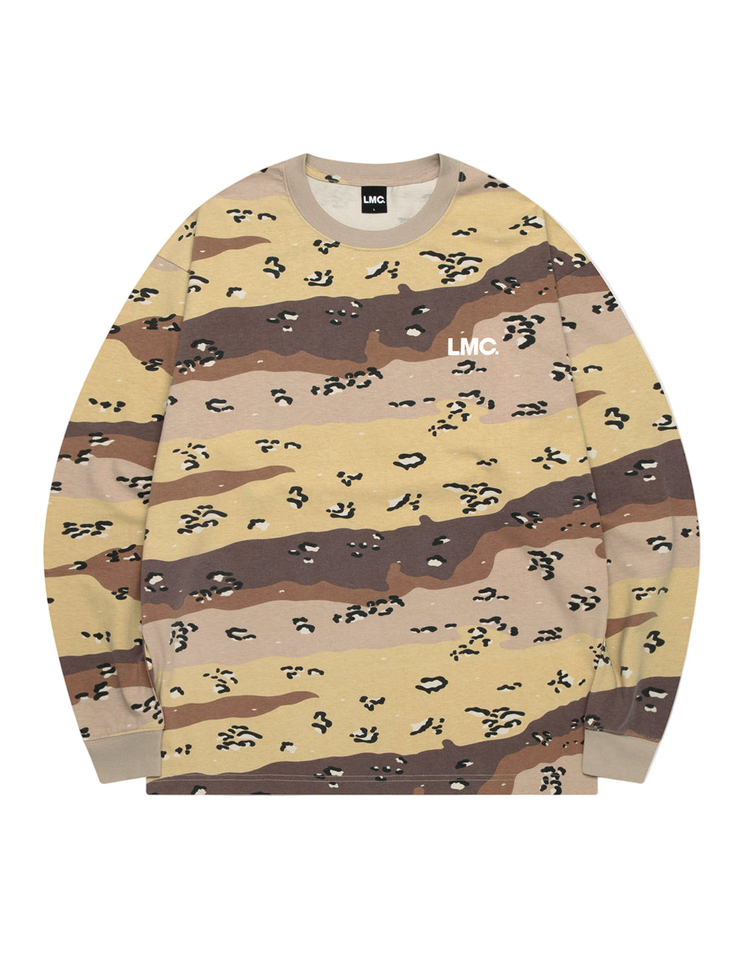 Camouflage-patterned sweatshirt with 'LMC' branding on a white background