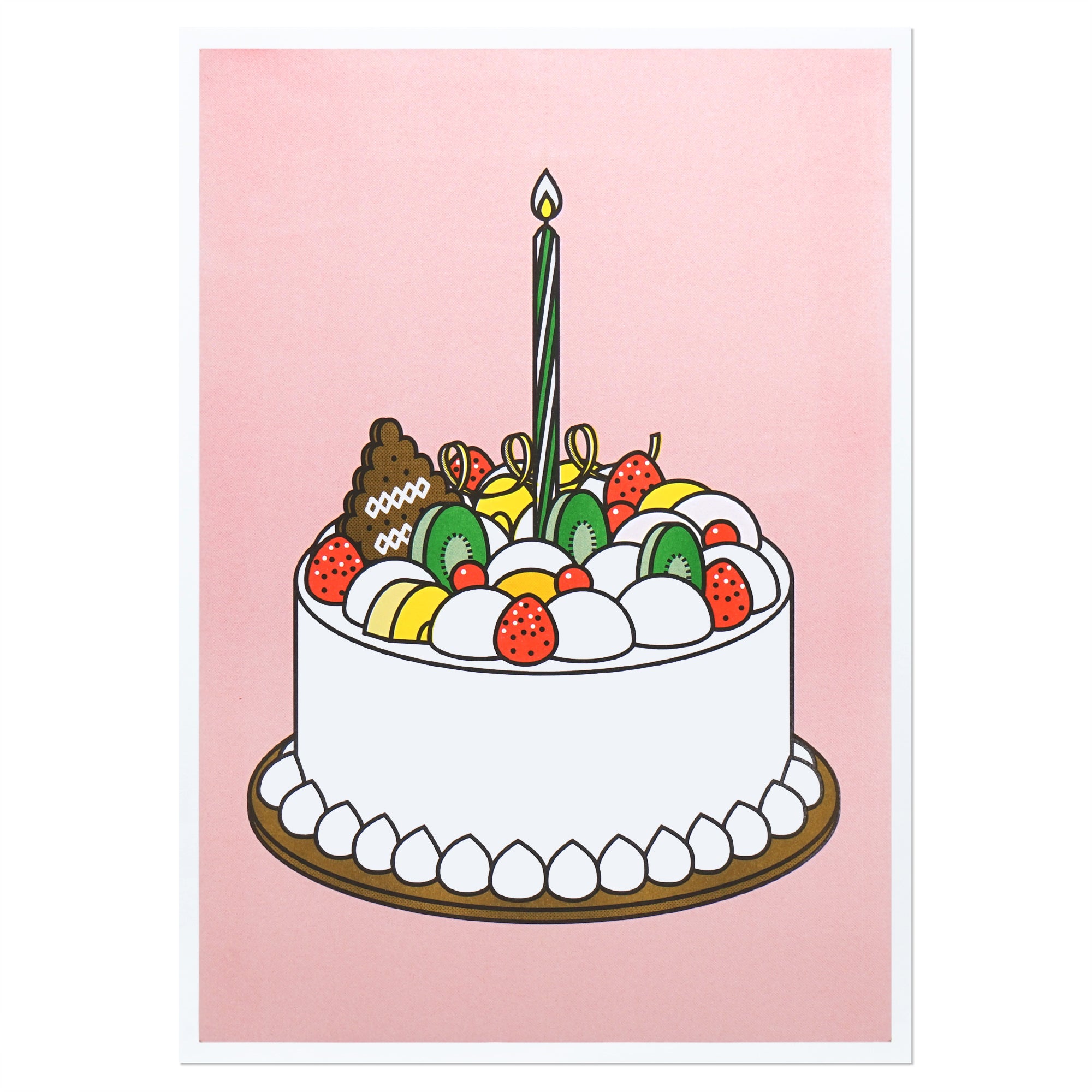 An A3 sized poster of a painted birthday cake with a candle on a pink background, created by Korean brand Zero Per Zero and for sale at Shim House