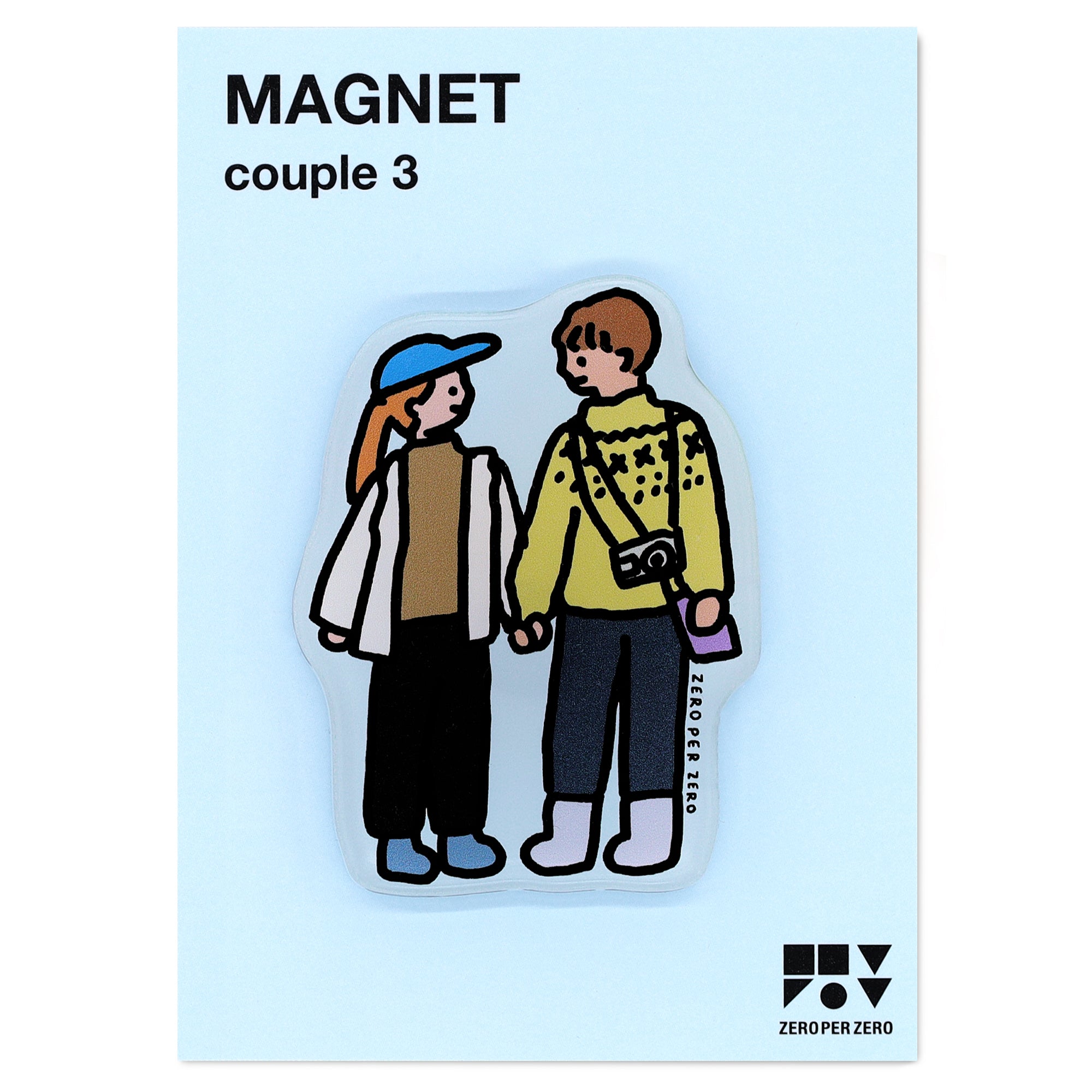 A magnet with a drawing of a male and female couple holding hands, created by Korean brand Zero Per Zero and for sale at Shim House