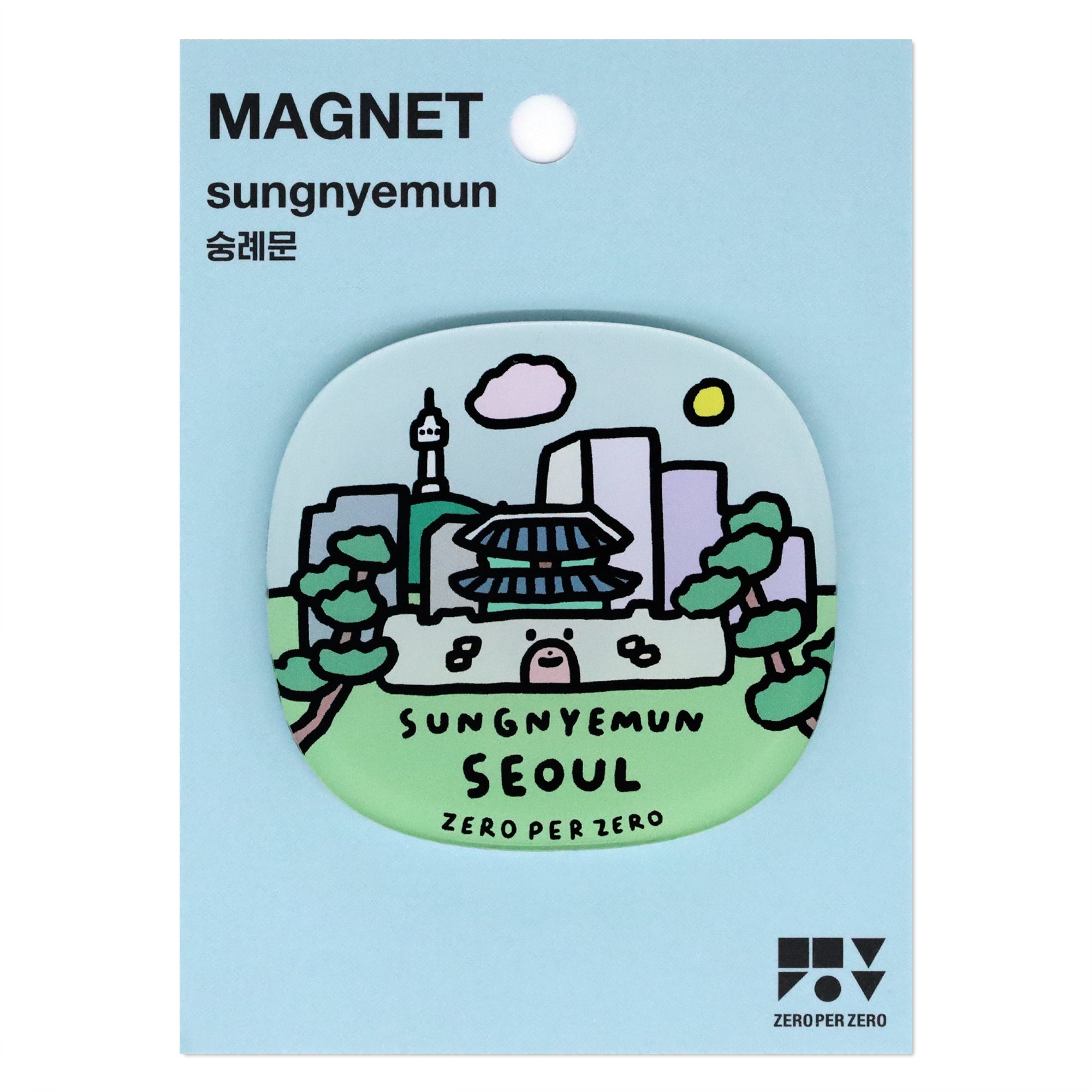 An oval shaped magnet with a drawing of Sungnyemun in Seoul on it, created by Korean brand Zero Per Zero and for sale at Shim House