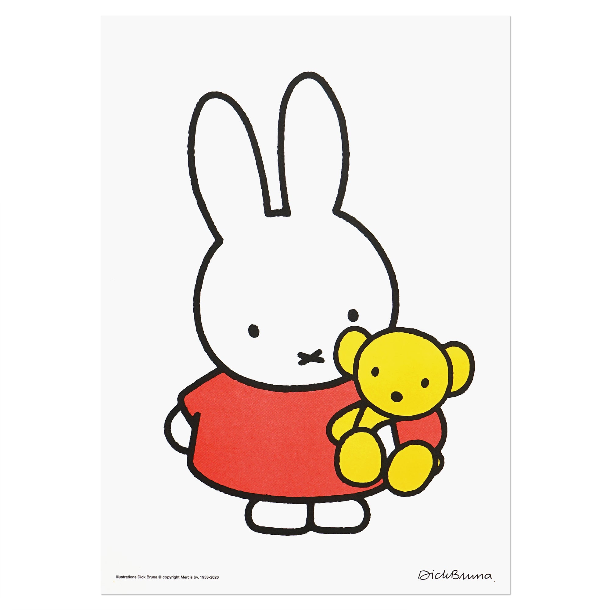 An A3 sized poster of Miffy in a red outfit holding her yellow teddy bear, printed by Korean brand Zero Per Zero, for sale at Shim House