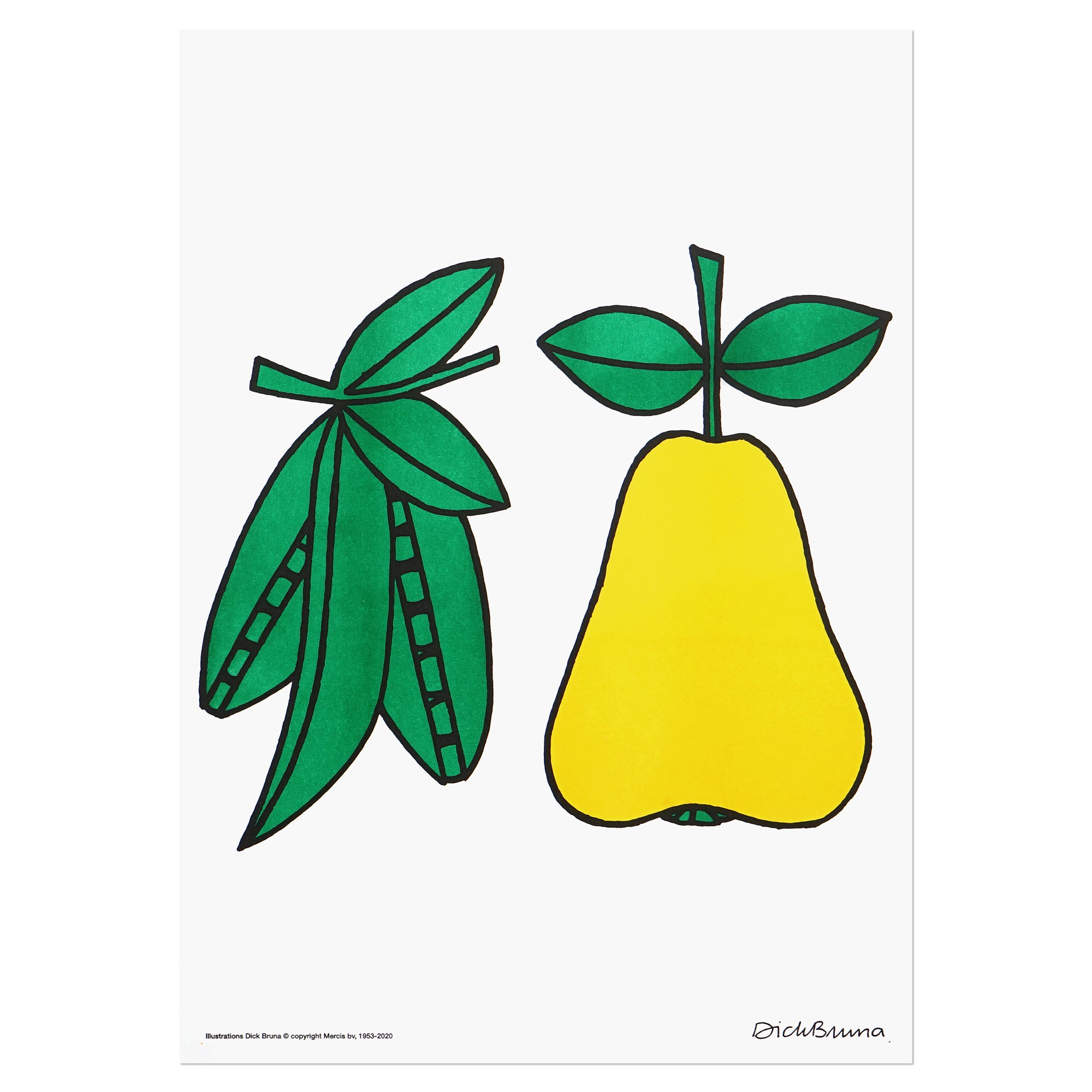 An A3 sized poster of green peas in their pods and a yellow pear, painted by Dick Bruna, printed by Korean brand Zero Per Zero and for sale at Shim House