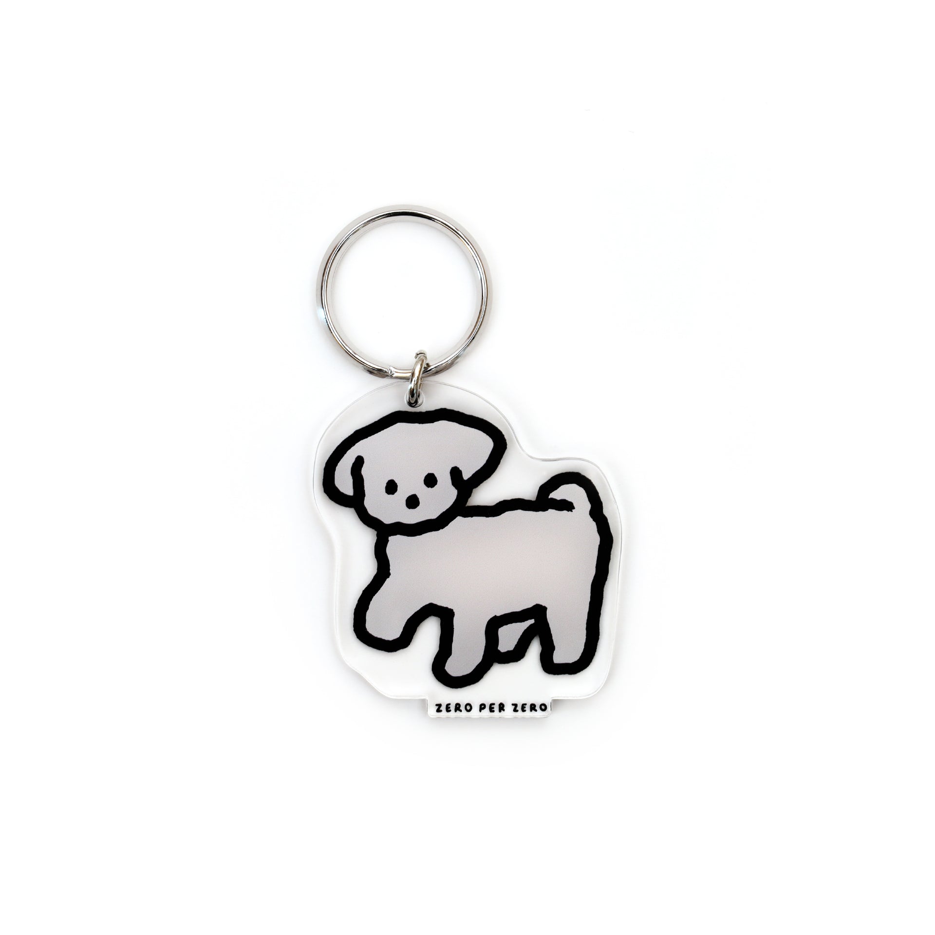 A white dog drawing keyring created by a Korean brand called Zero Per Zero and for sale at Shim House